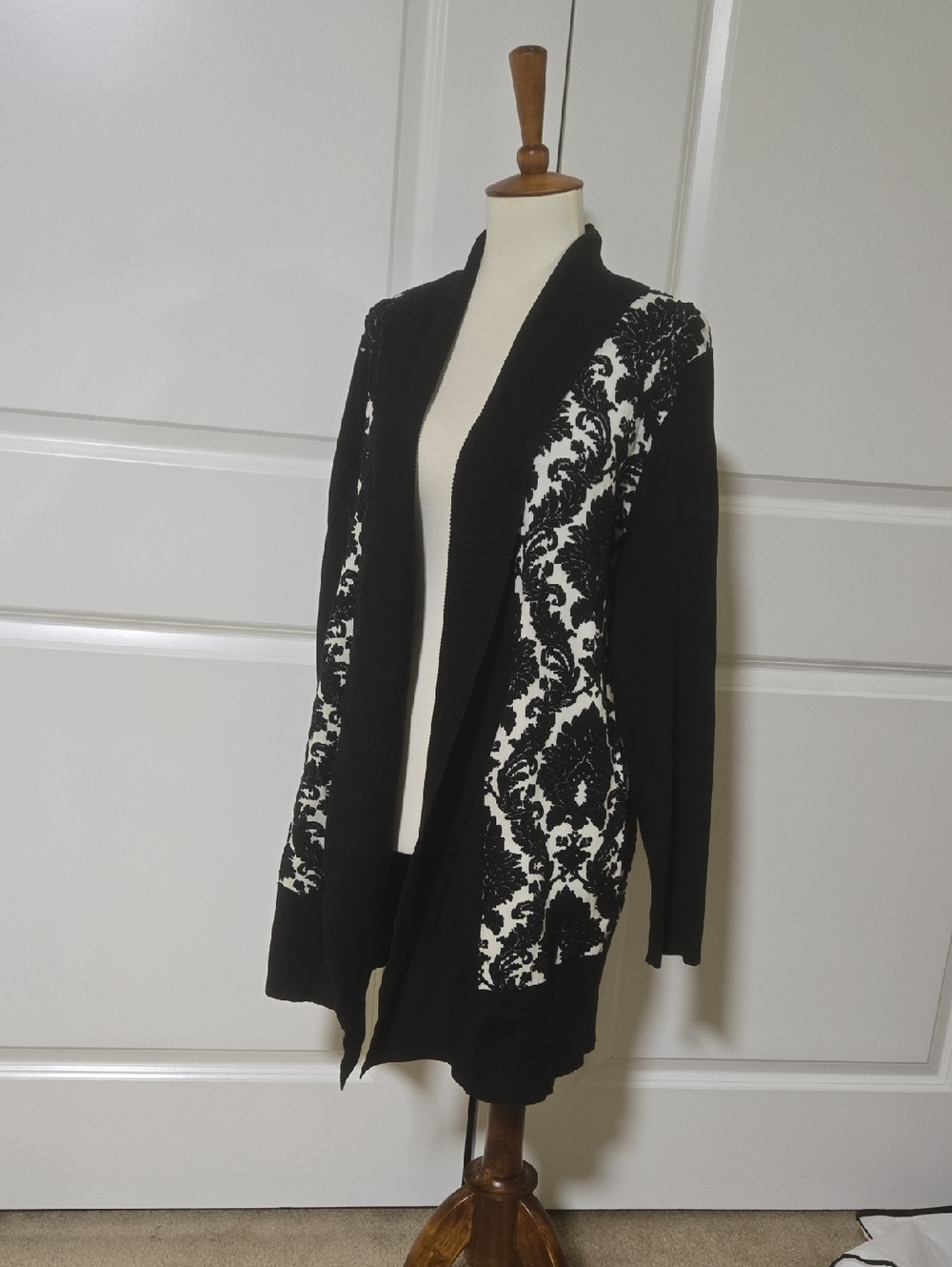 Charter Club Black & White Damask Open-Front Cardigan